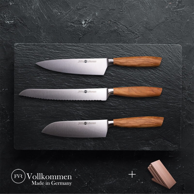 Set of 3 Chefs Knives with Magnetic Solid Wood Knife Block - Vollkommen FVR  - Made in Germany