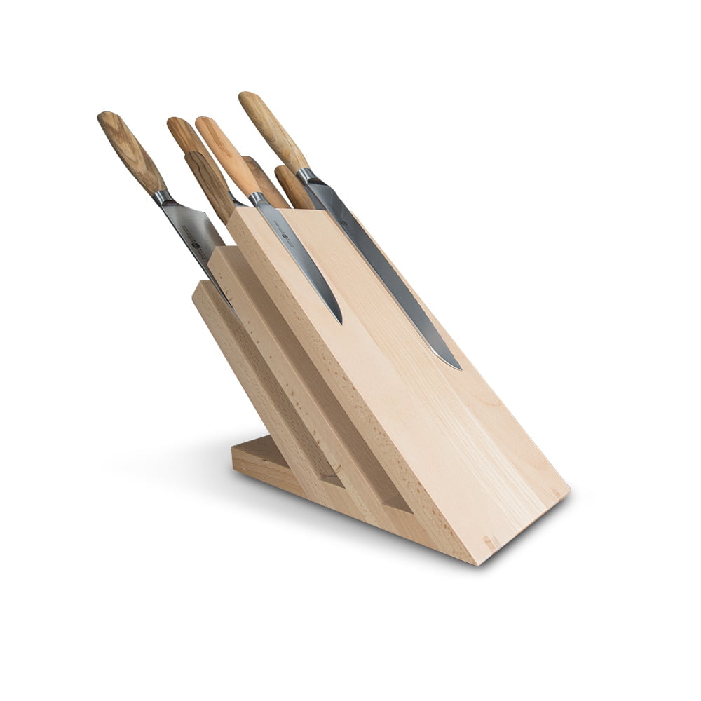 a Set of 3 Chefs Knives with Magnetic Solid Wood Knife Block