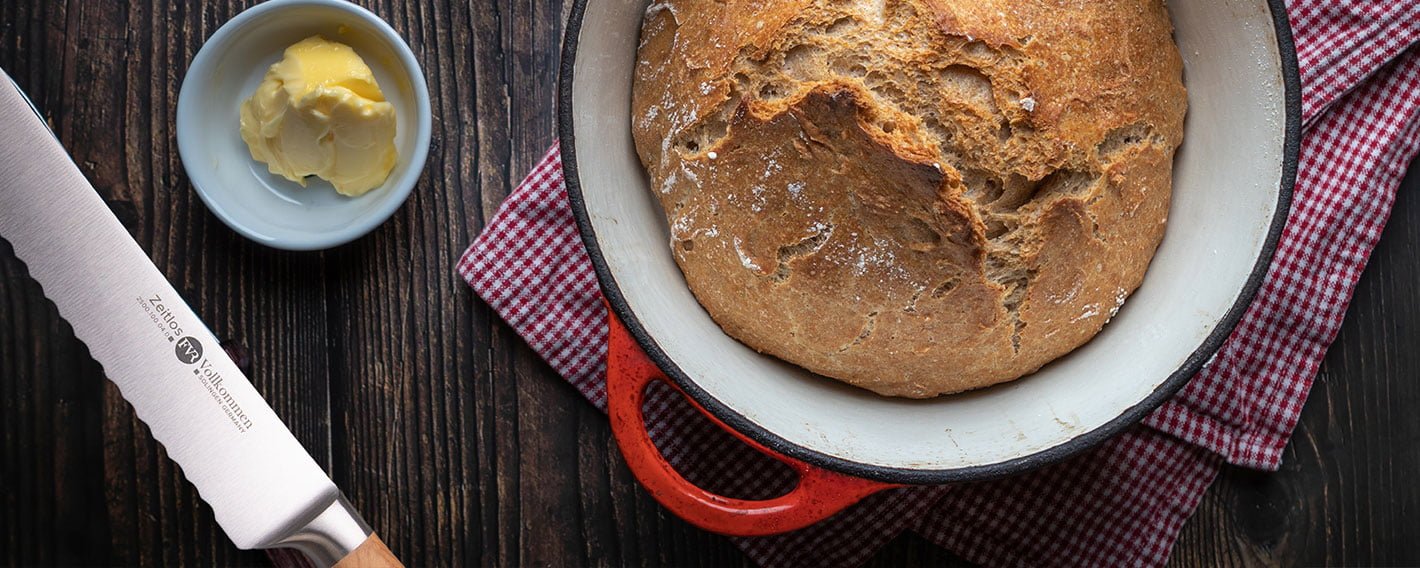bread in a pot with fvr knife